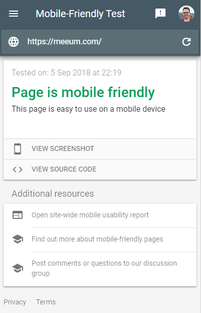 Screenshot showing meeum.com is mobile friendly on the Google Mobile Friendly test