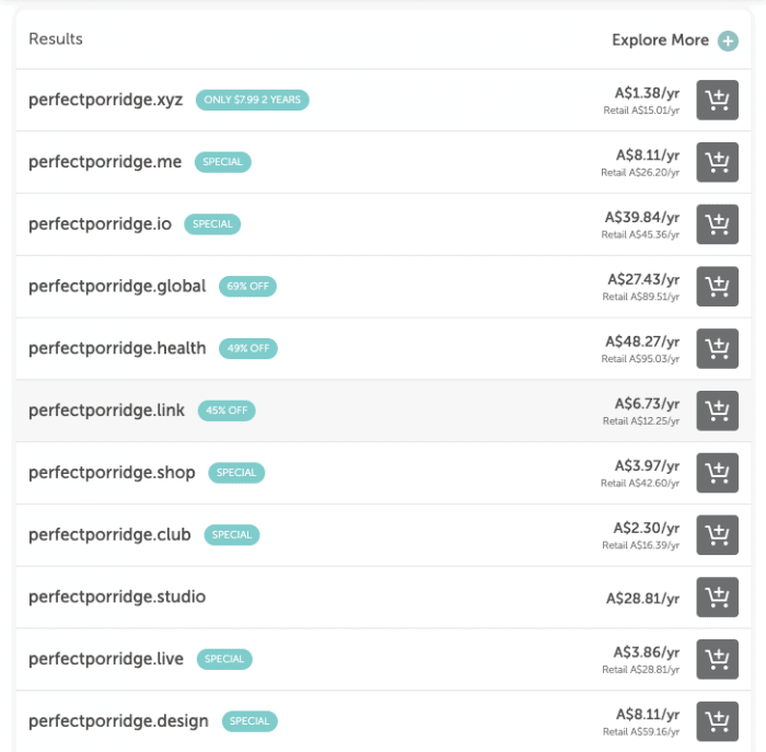 Results page from namecheap.com showing a number of different domain name options for perfectporridge