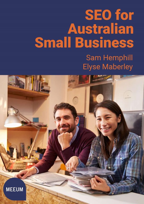 Cover of the book "SEO for Australian Small Business" showing a couple serving at the counter of a record shop smiling.