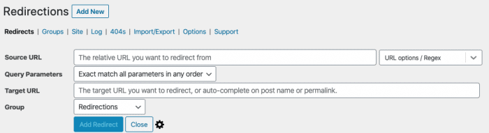 screenshot of the options in the redirection plugin