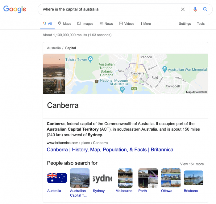 Google search results page for the search query of "where is the capital of australia"